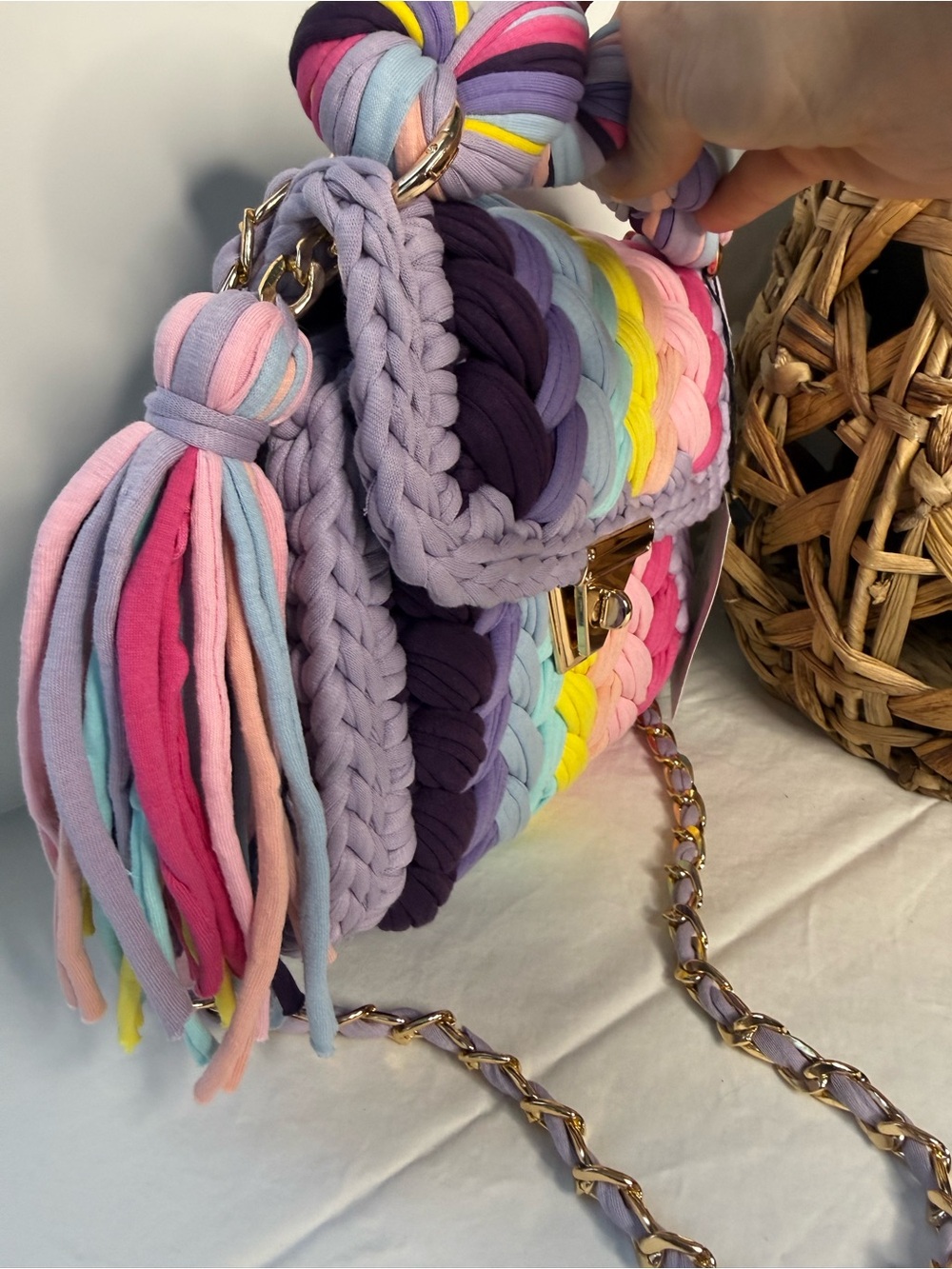 Handwoven Multicolor Crochet Shoulder Bag with Gold Hardware | Dopamine - Picture 4 of 11